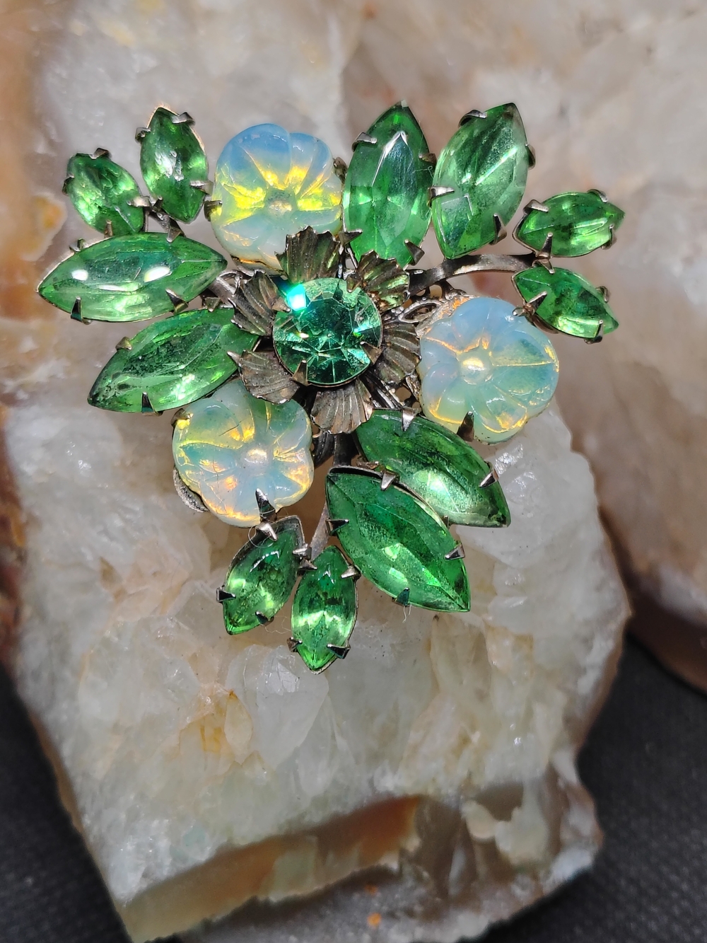 Vintage Floral Green and Opalescent Gold Tone Brooch